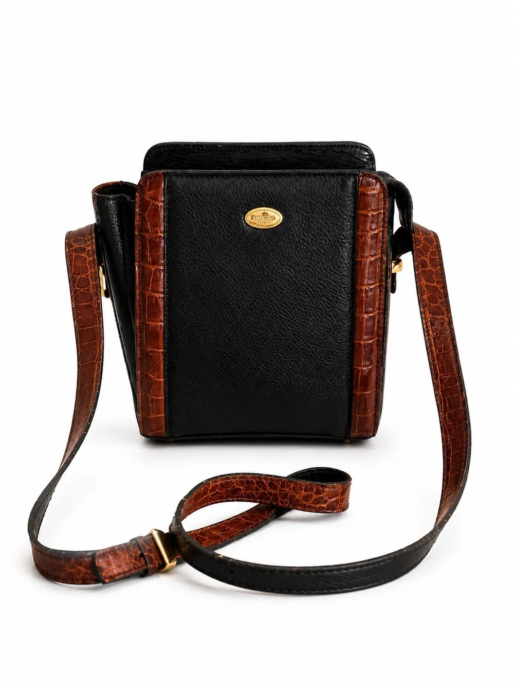 Bally Black Brown croc embossed Leather Crossbody Shoulder Bag